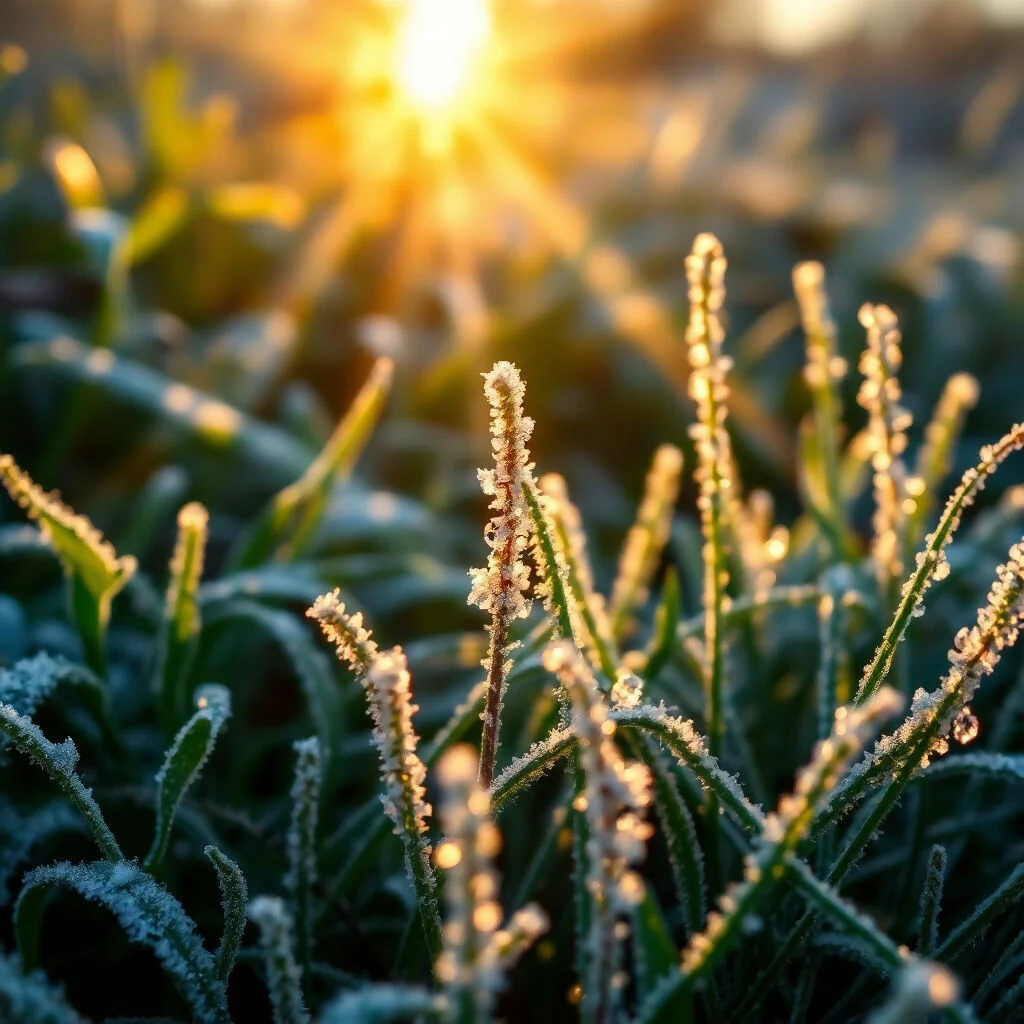 Herbes givrées illuminées par le soleil levant doré