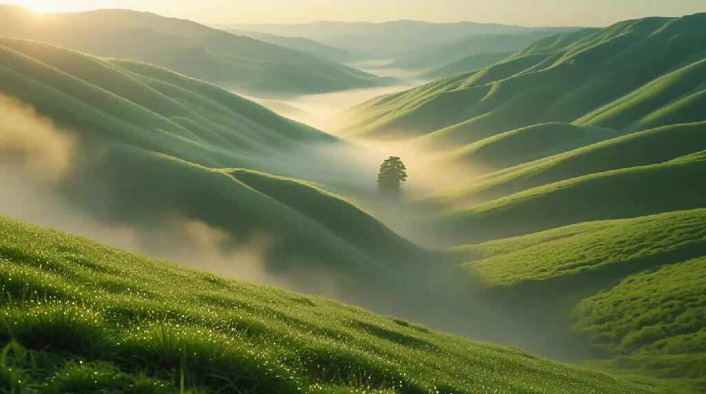 "High-angle cinematic morning view of rolling green hills covered with fresh dew and glowing mist, gentle sunlight spreading across the valley, crystal clarity with soft golden tones, peaceful and pure nature with no humans or animals."