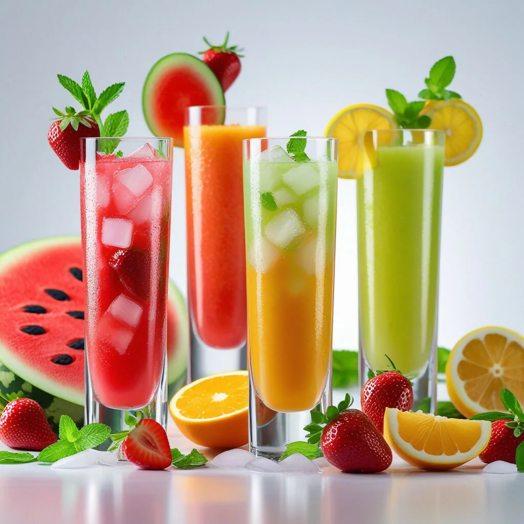 "High-definition, ultra-realistic food photography of fresh fruit juices in modern tall transparent glasses with ice cubes. Show three to four glasses filled with colorful juices: watermelon juice (bright red), strawberry juice (vibrant pink), orange juic