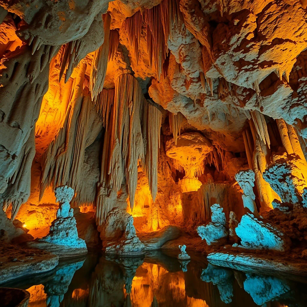 "Illuminated Wonder: Cave Formations Reflected in Underground Pool"