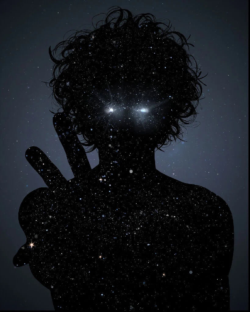 Image is a digital artwork featuring a silhouette of a person with cosmic elements
