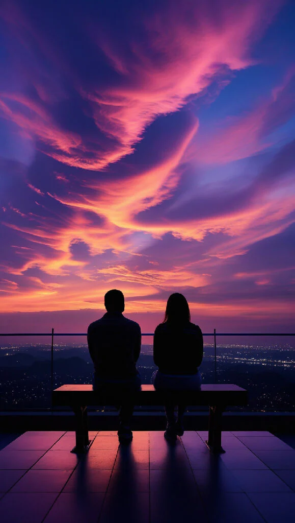 Image is a vibrant landscape photograph featuring a stunning sunset sky with dramatic