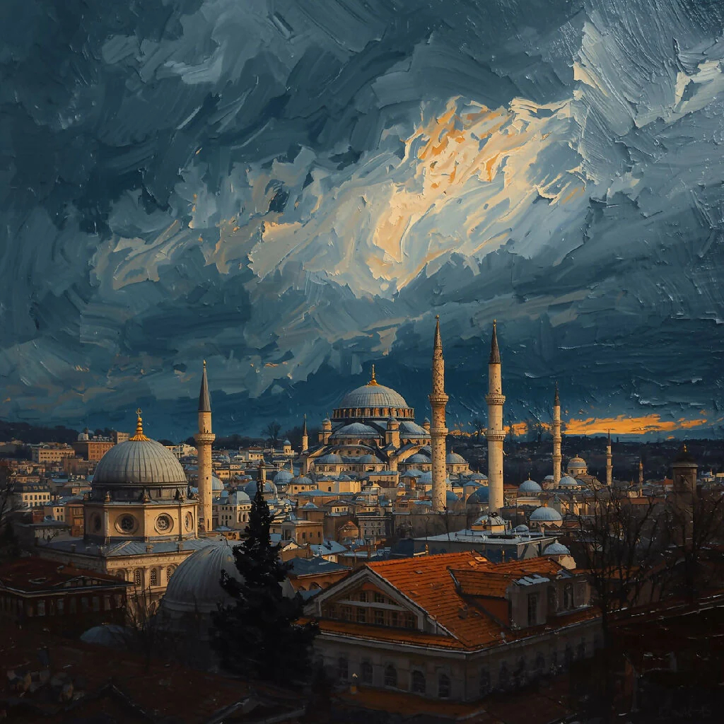 /imagine prompt Dramatic oil painting of the Istanbul skyline at dusk. Deep, rich colors (indigo, deep gold, burnt orange). Thick impasto brushstrokes visible on canvas. Heavy texture and depth of field. Majestic view emphasizing the domes and minarets ag