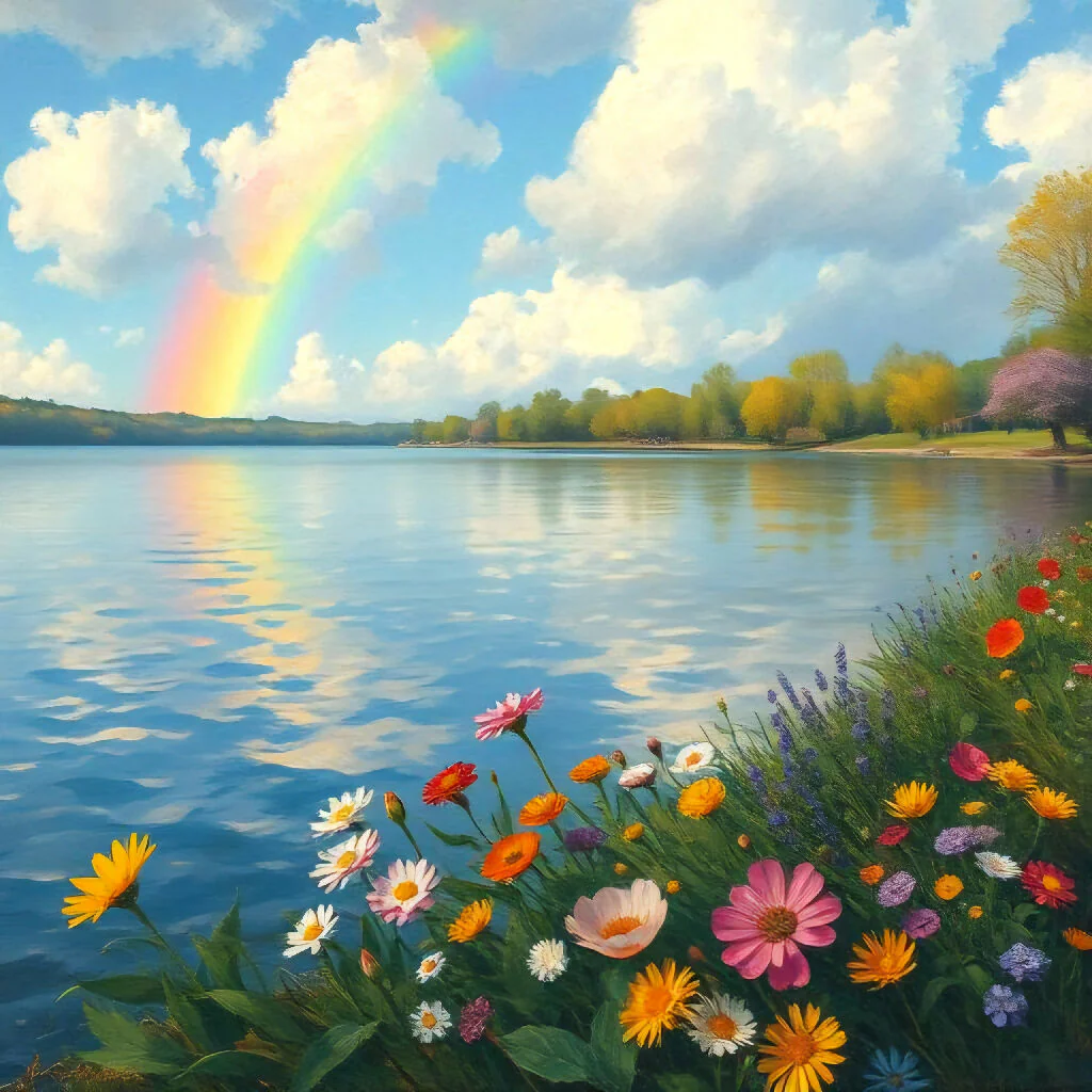 Impression of Spring: Rainbow over Lakeside Blooms