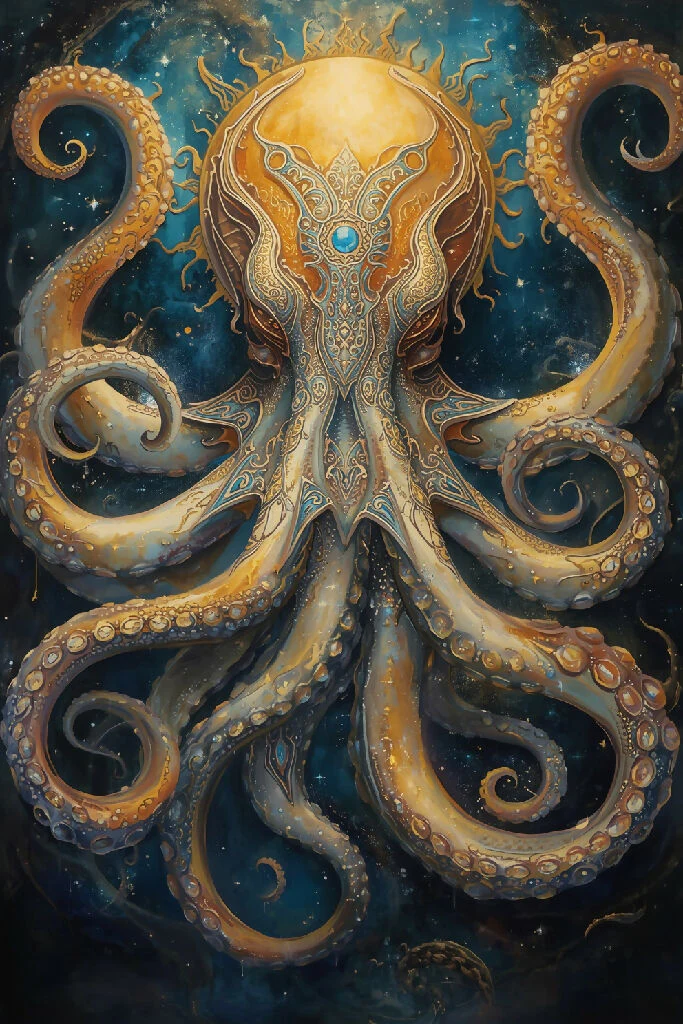 In the depths of a cosmic ocean, a chic solar tentacled titan glimmers with ethereal beauty. This otherworldly being is depicted in an intricately detailed oil painting. The colors are rich and vibrant, with shimmering hues of gold, silver, and iridescent