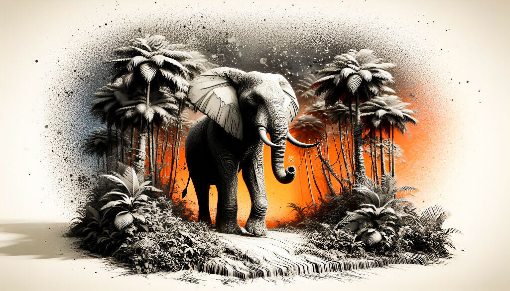Inferno Horizon Elephant — Abstract Woodland Illustration / Twilight Wanderer — Patterned Elephant in Monochrome Forest