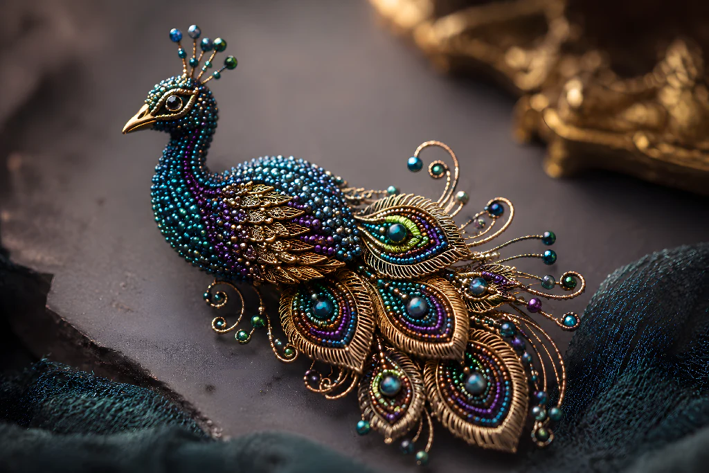Intricate Beaded and Filigree Peacock Brooch
