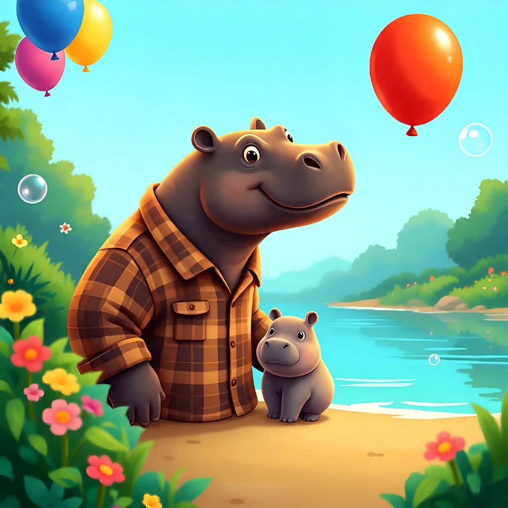 Joyful Hippo Family by the River