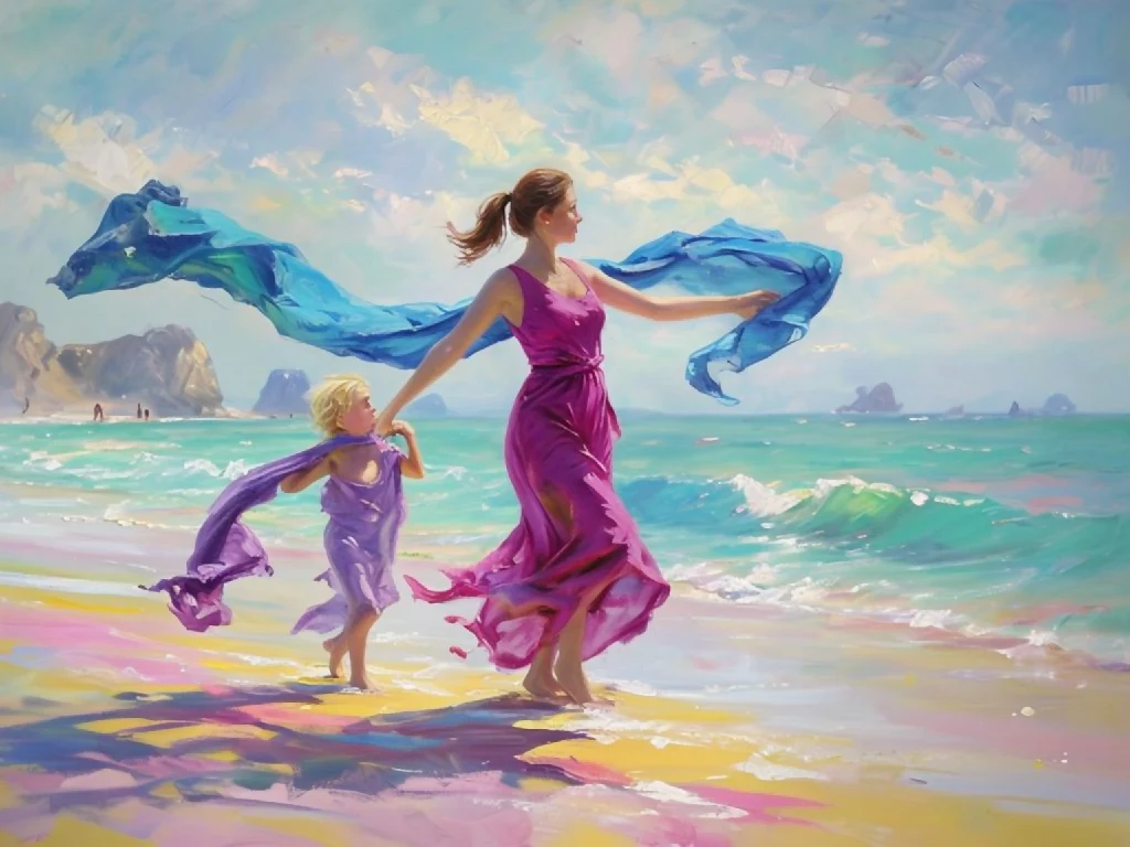 Joyful Mother Daughter Beach Art Print: Freedom Digital Painting