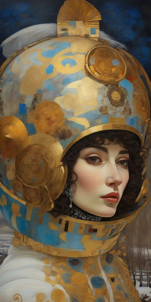 Klimt oil painting of lady in Allen planet wearing very detailed and artistic helmet.