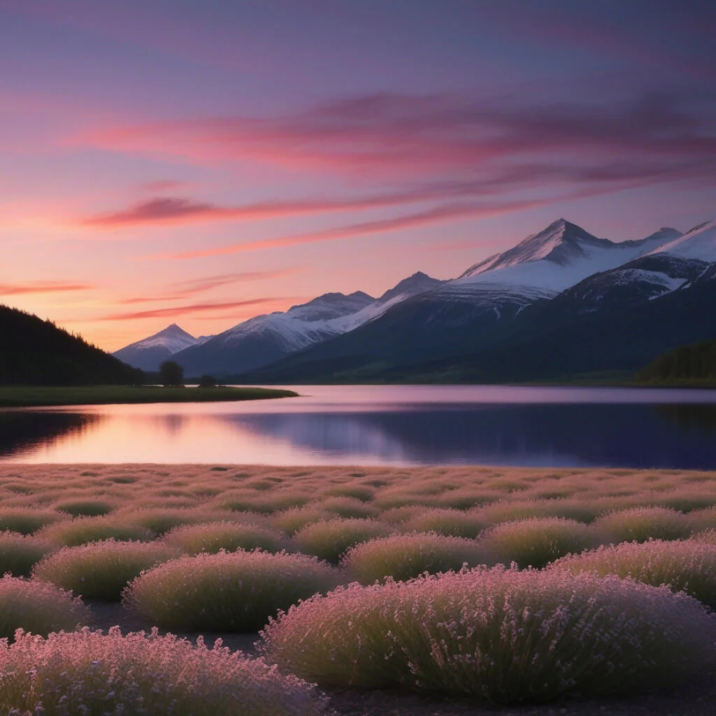 Lavender Fields at Sunset with Mountain Lake Reflections