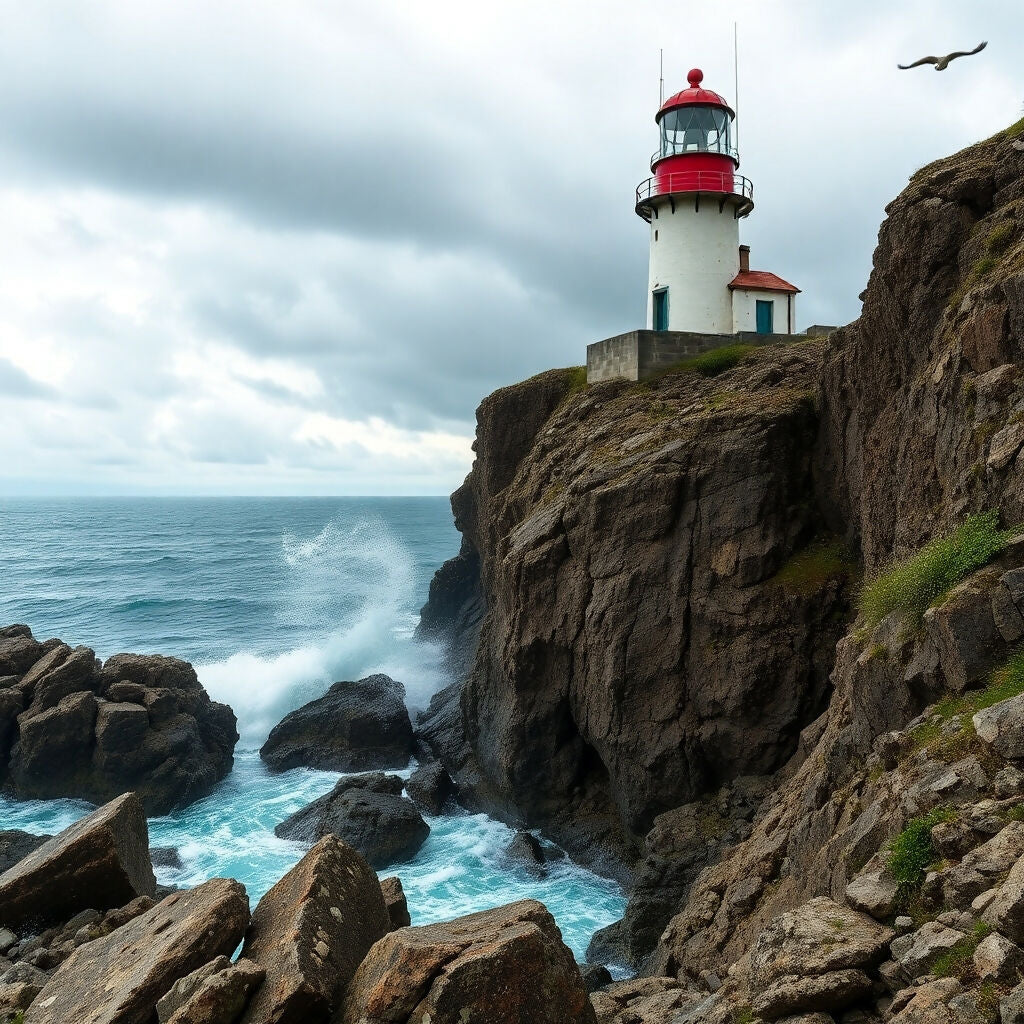 Lighthouse on Dramatic Rocky Cliff Above Crashing Waves
