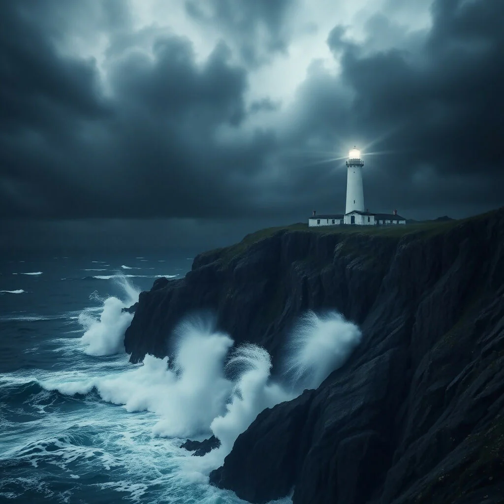 Lighthouse on Stormy Cliff with Dramatic Crashing Waves