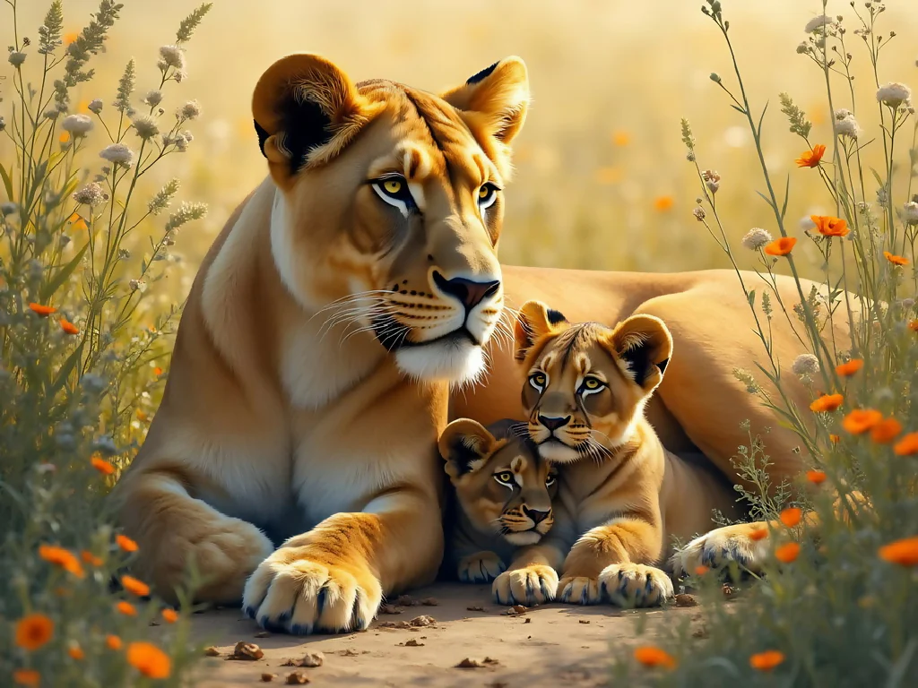 "Lioness and her cubs 1"
