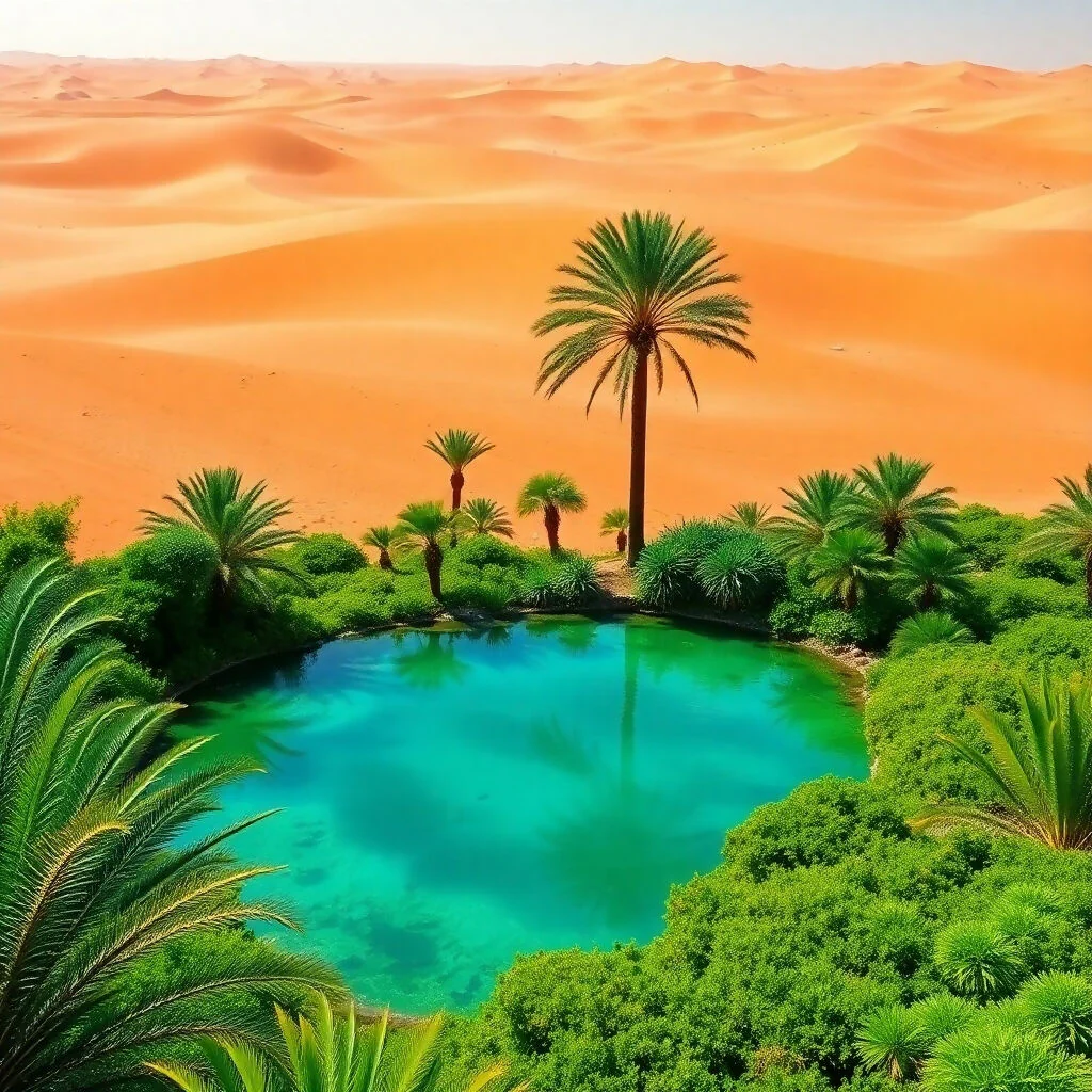 Lush Green Oasis with Turquoise Pool in Golden Desert