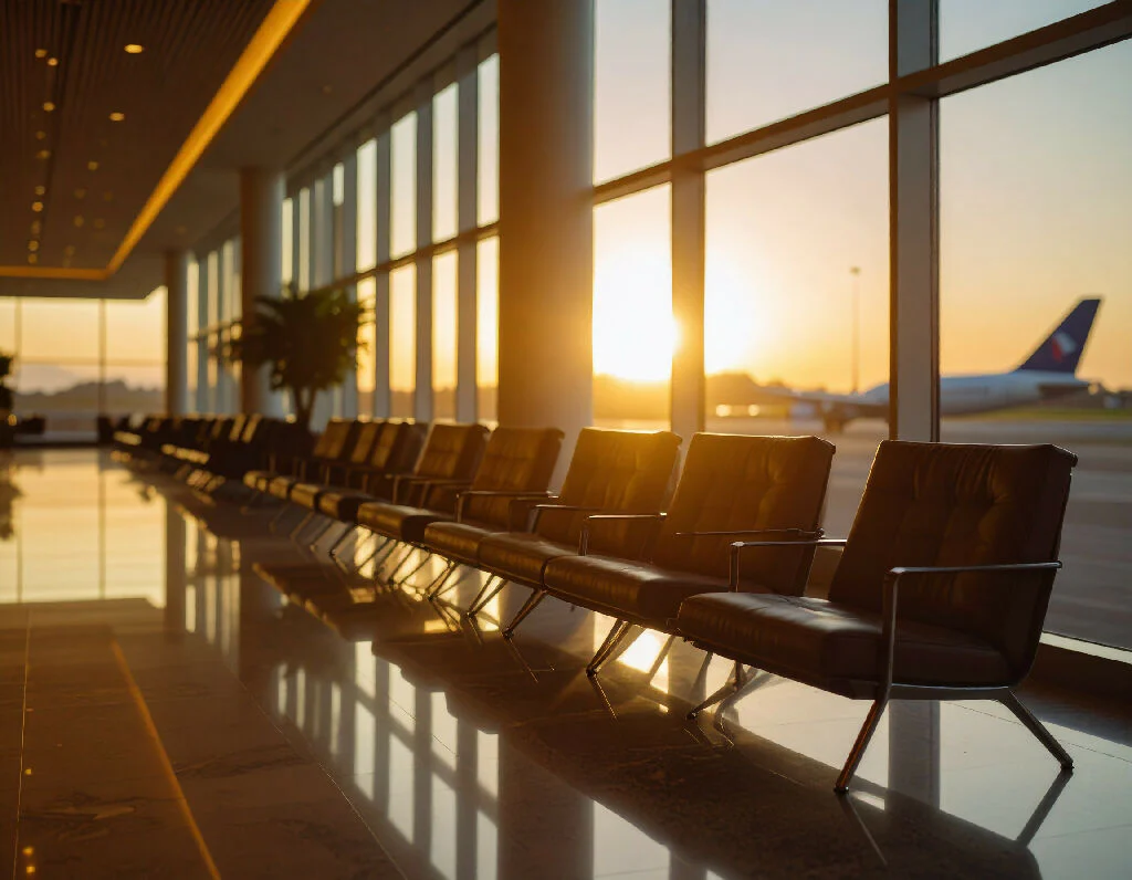 Luxurious airport lounge at sunrise.