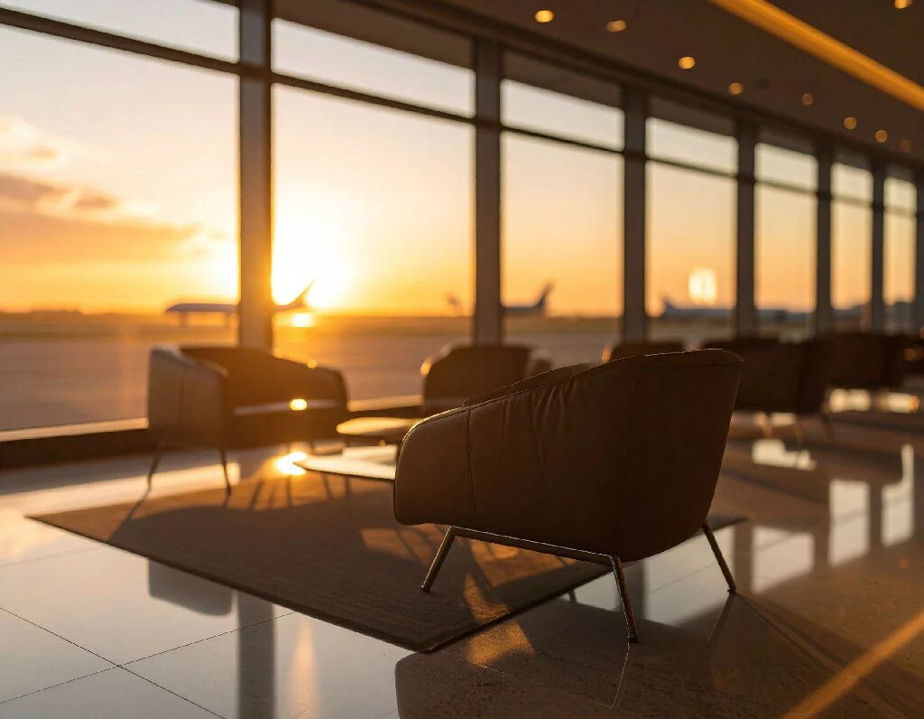 Luxurious airport lounge at sunrise. - Image 8