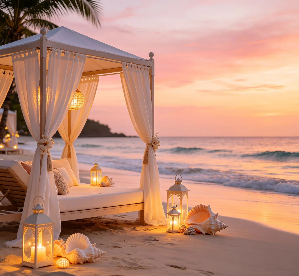 luxury beach sunset photography backdrop with white cabanas and lanterns - Image 2