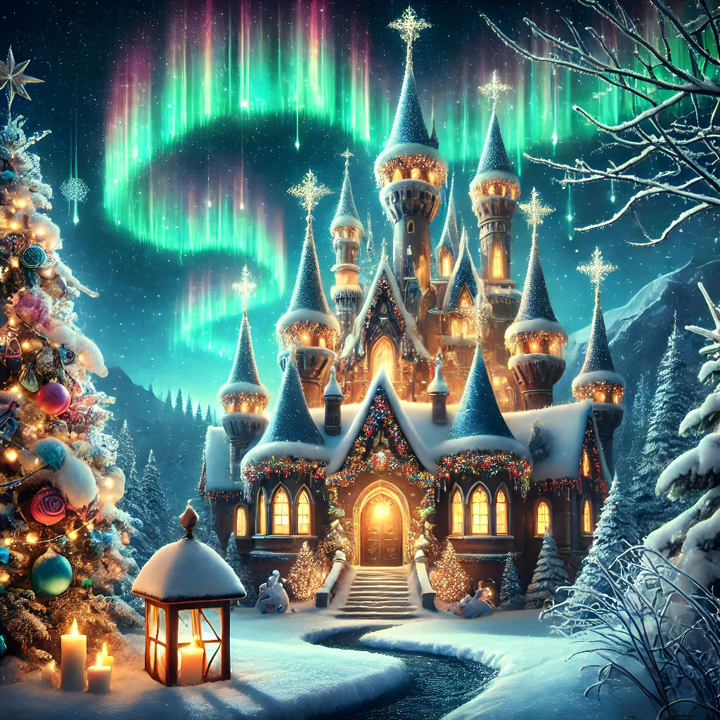 Magical Christmas Castle with Northern Lights Digital Artwork