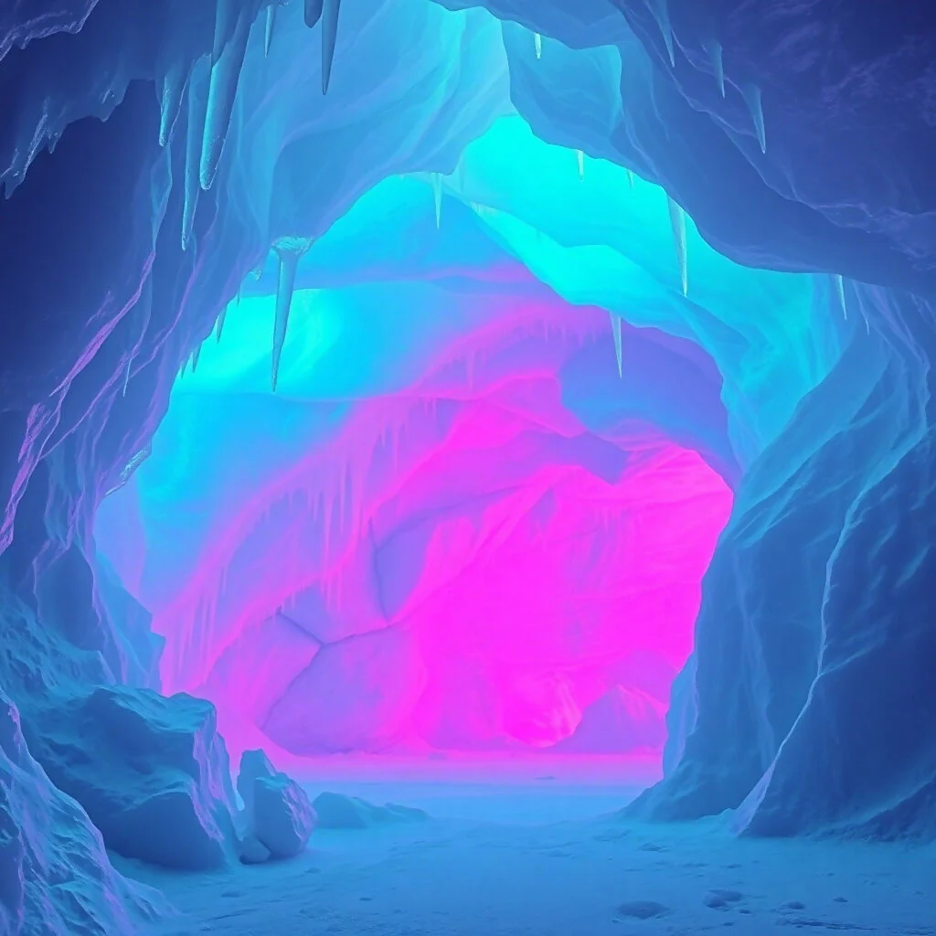 Magical Ice Cave with Glowing Pink and Blue Aurora Light Interior