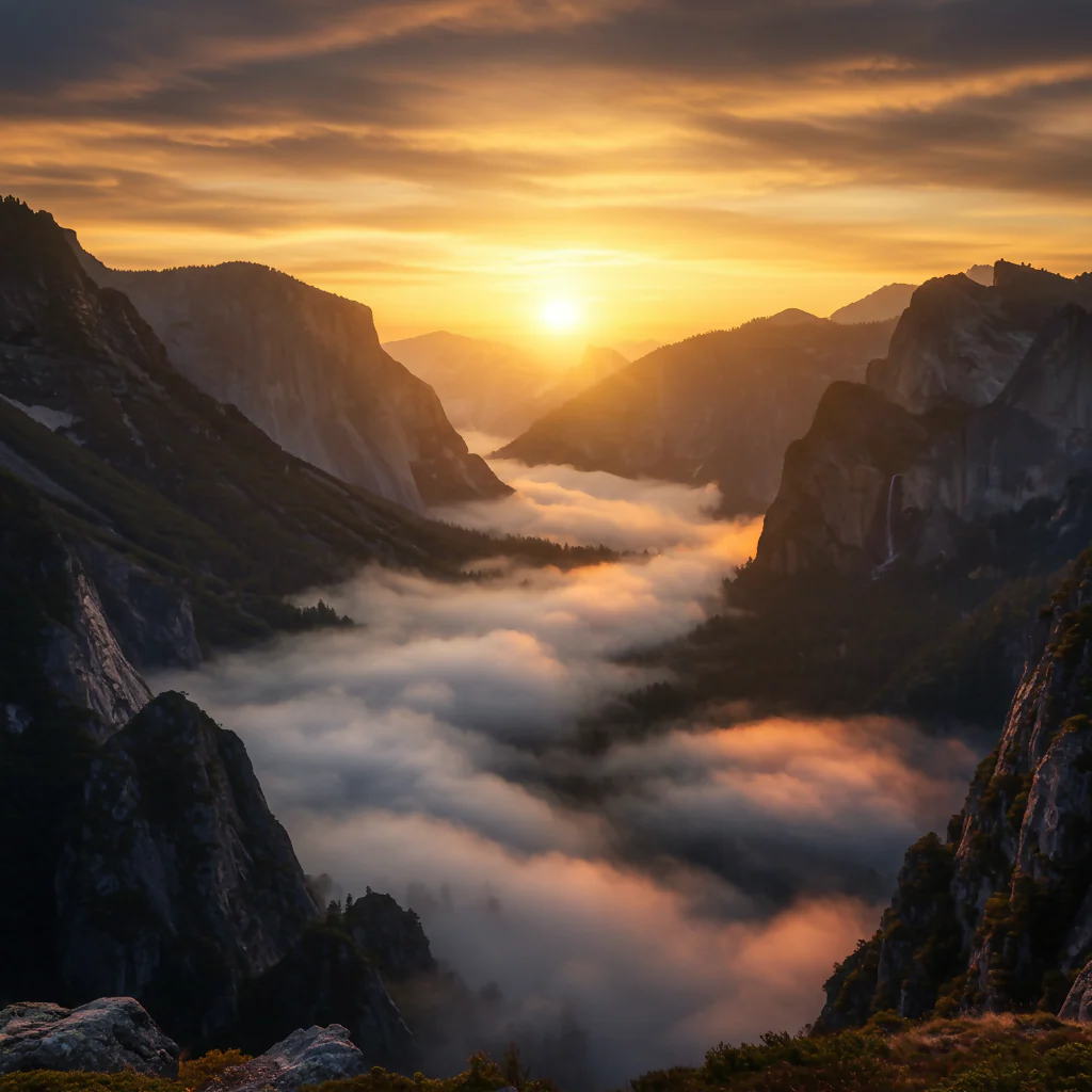 Magical Sunset Over Mountains with Sea of Clouds