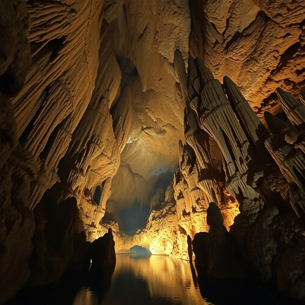 Magnificent Cave Interior With Stalactites Reflected in Calm Water
