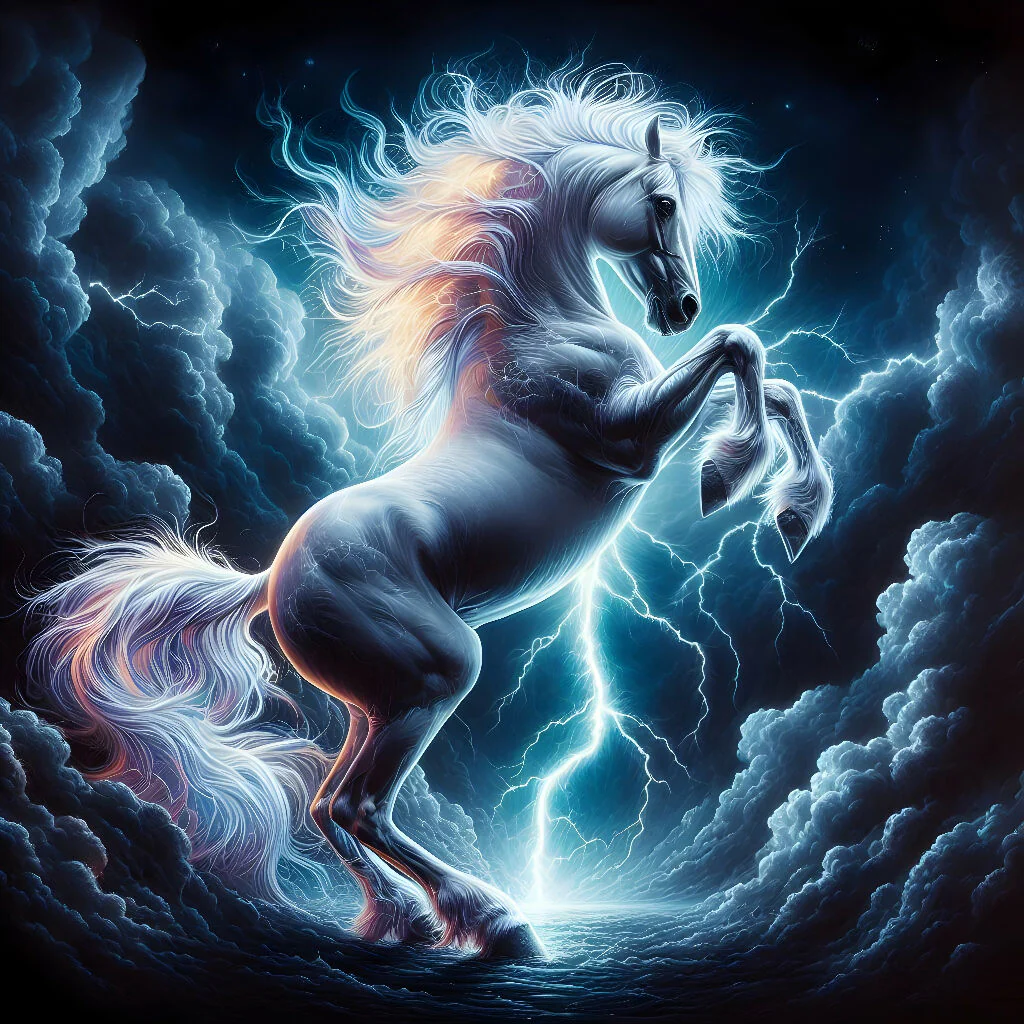 Majestic White Horse in a Thunderstorm - Stunning Digital Art Print with Lightning, Fantasy Wall Decor, and Horse Power