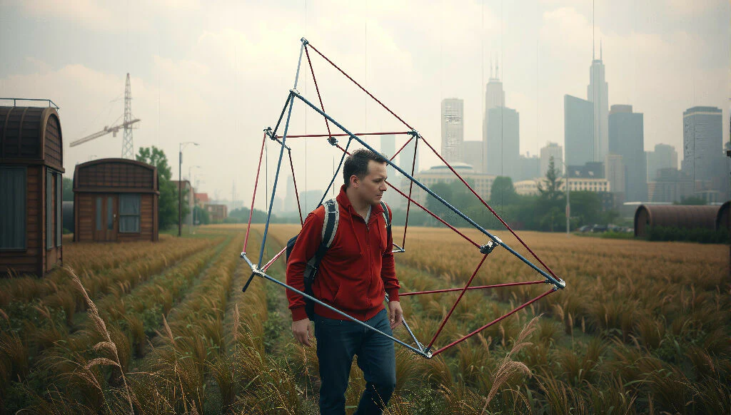 Man carrying a geometric structure across a wheat field