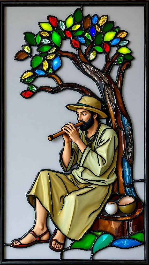 Man Playing Flute Under Colorful Tree in Stained Glass