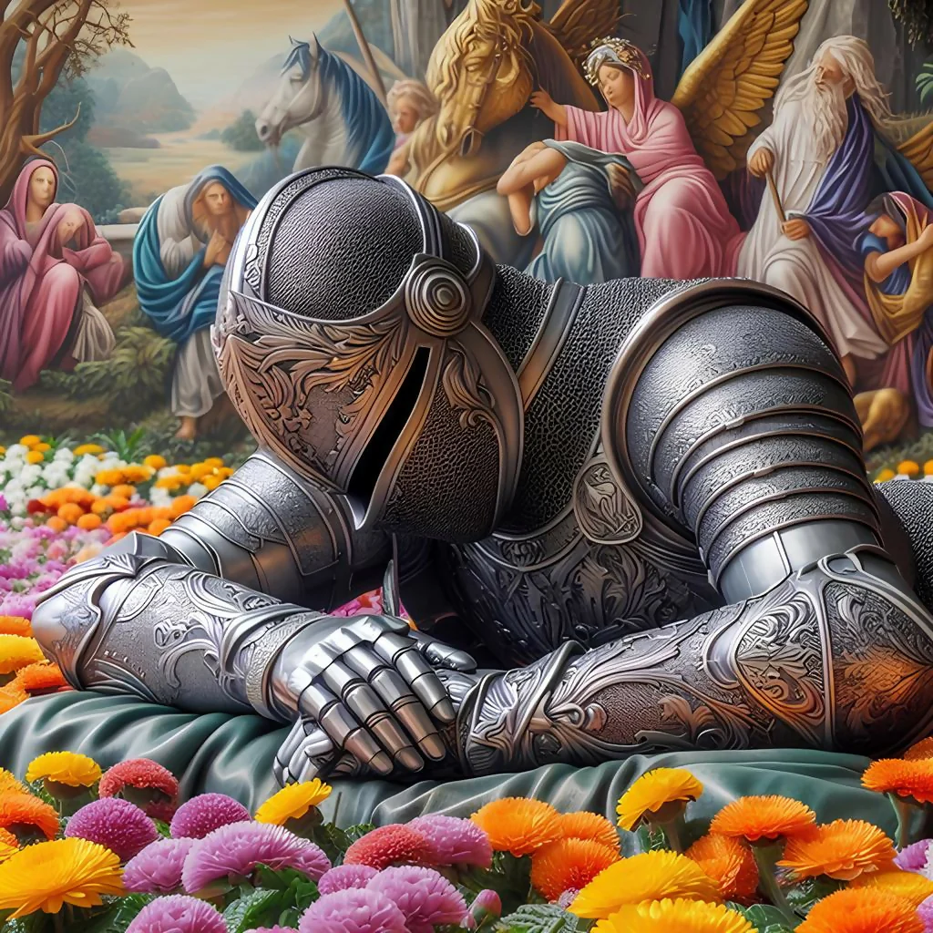 medieval knight crying in paradise