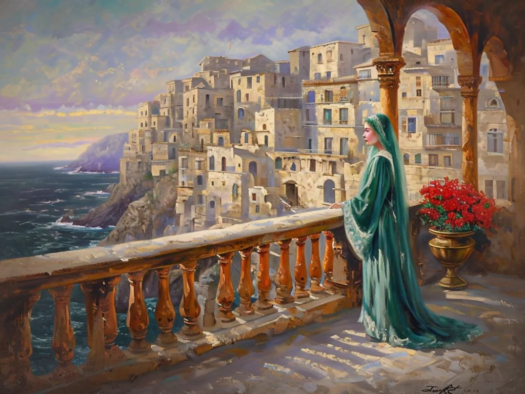 Mediterranean Coastal Town Painting: Elegant Woman Seascape