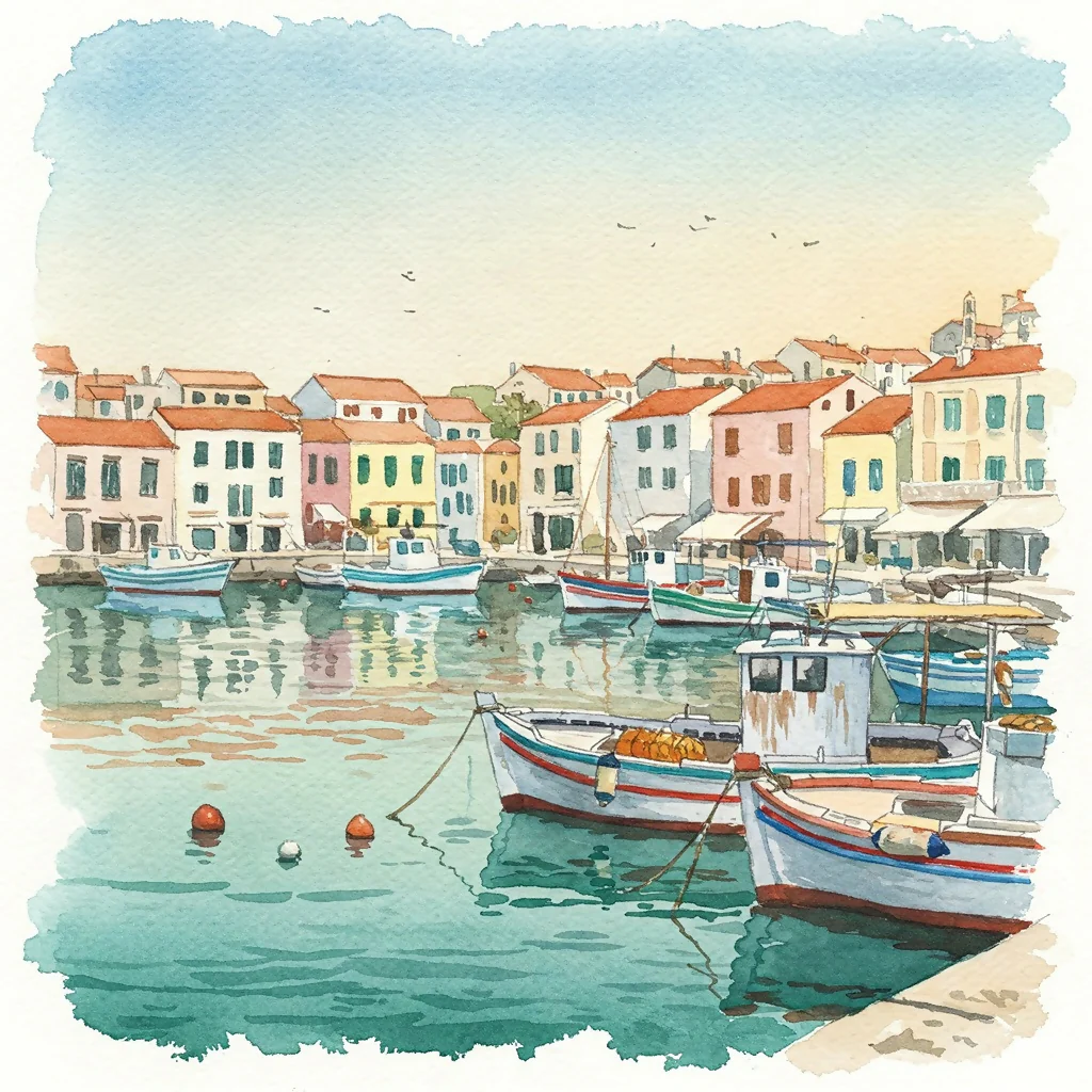 Mediterranean Harbor Watercolor Painting