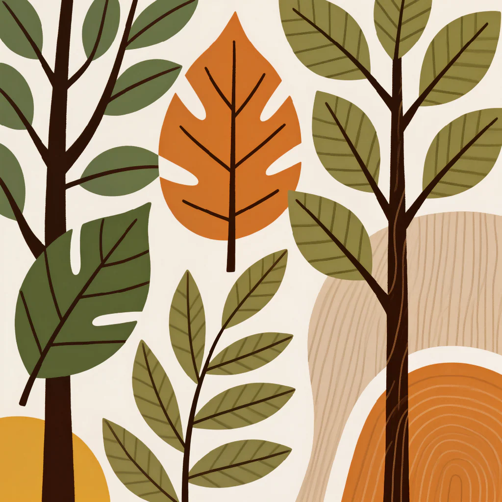 Mid-Century Modern Nature Wall Art – Abstract Trees & Leaves in Earthy Olive, Burnt Orange & Mustard - Image 6