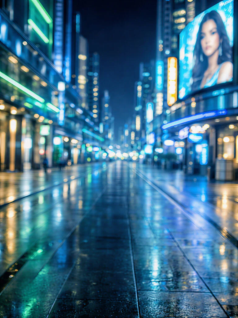Midnight Neon Reflections: Futuristic Cyberpunk Cityscape
