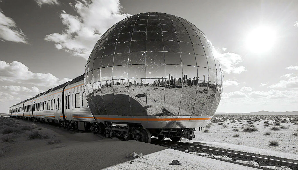 Mirror Sphere Train Through Desert