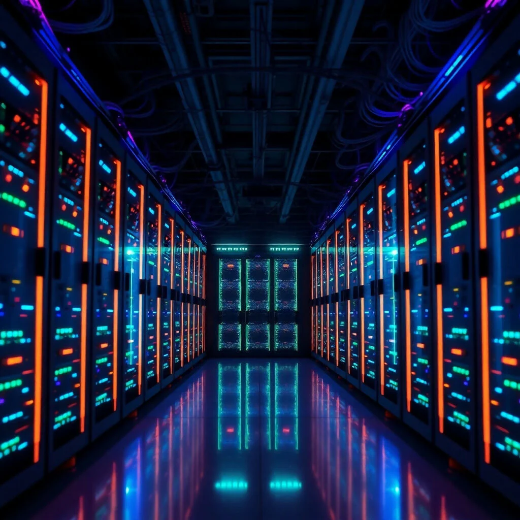 Modern Data Center Server Room with Neon LED Lighting