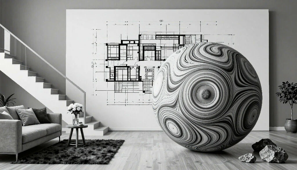 Modern Minimalist Interior with Blueprints