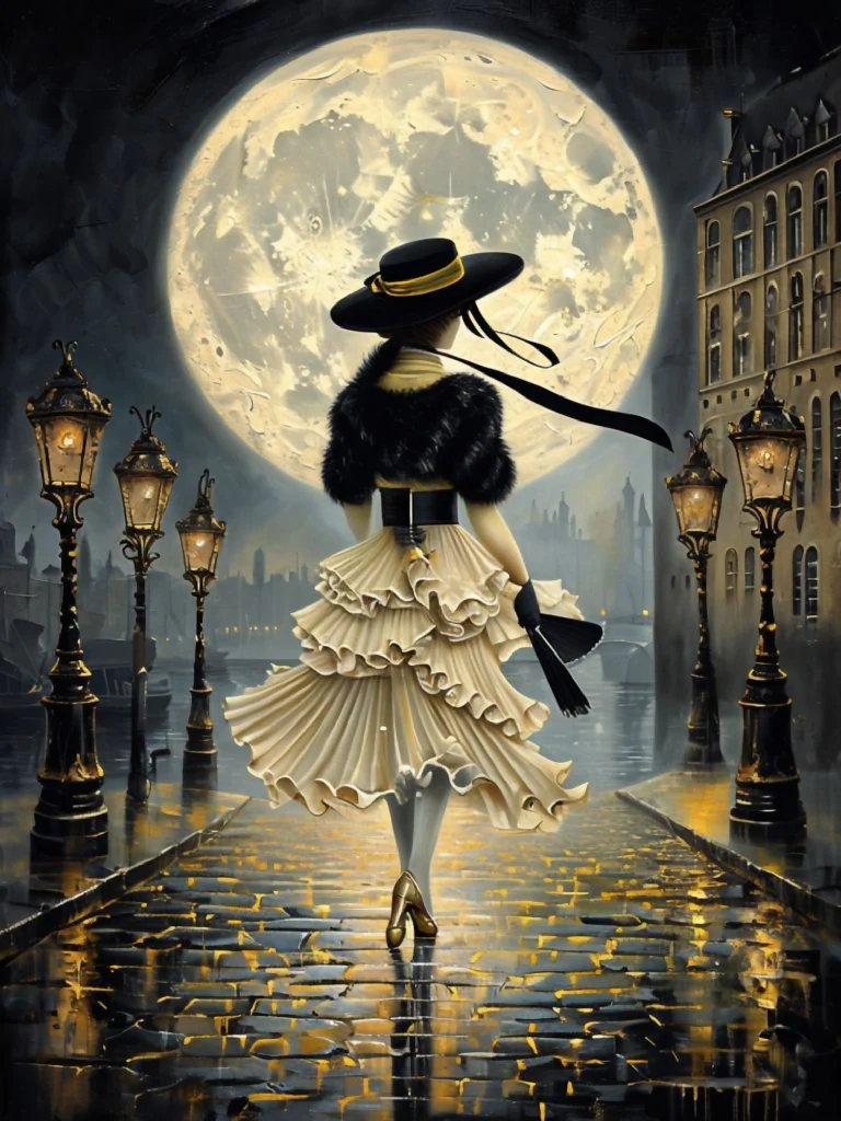 Moonlit Elegance: Lady on Cobblestone Streets