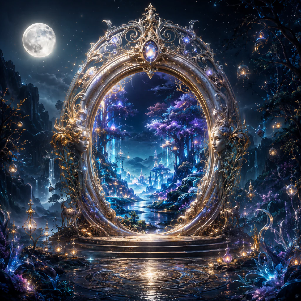 Moonlit Silver Portal To Enchanted Forest Realm