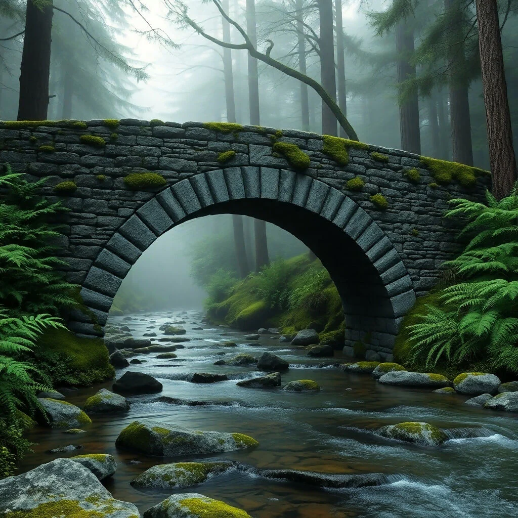 Moss-Covered Stone Bridge Over Misty Forest Stream