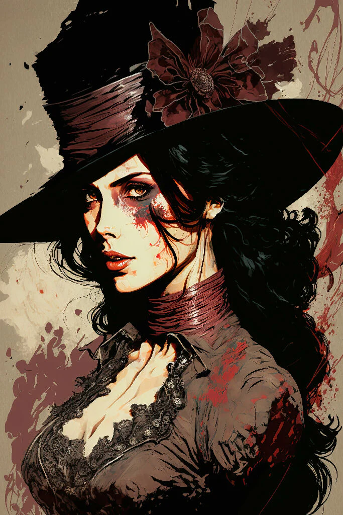 Mysterious woman in vintage clothing and hat. In style of a painting