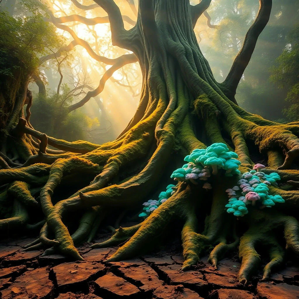 Mystical Ancient Tree with Glowing Turquoise Mushrooms