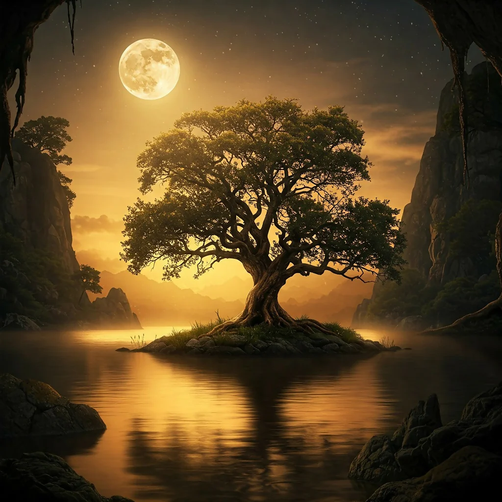 Mystical Moonlit Island: Gnarled Tree & Golden Glow