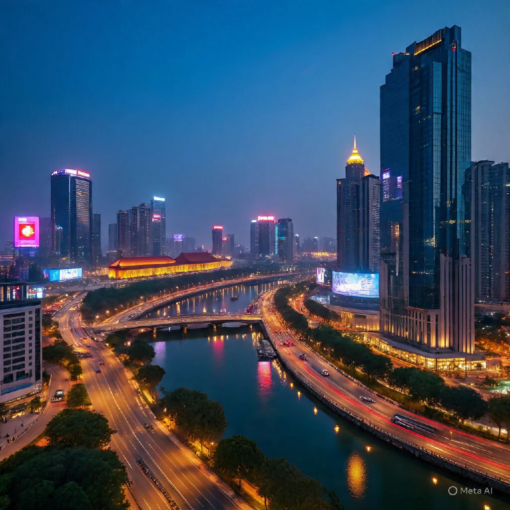 Nanjing City Nightscape – Futuristic Skyline & River View