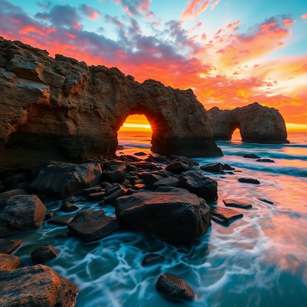 Natural Rock Arch at Sunset Over Ocean Waters