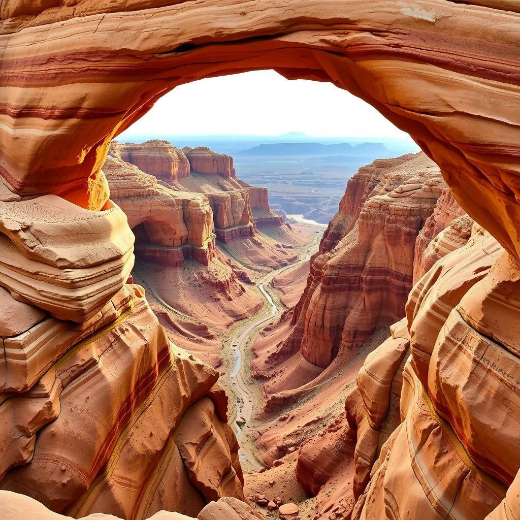 Natural Sandstone Arch Framing Desert Canyon Vista