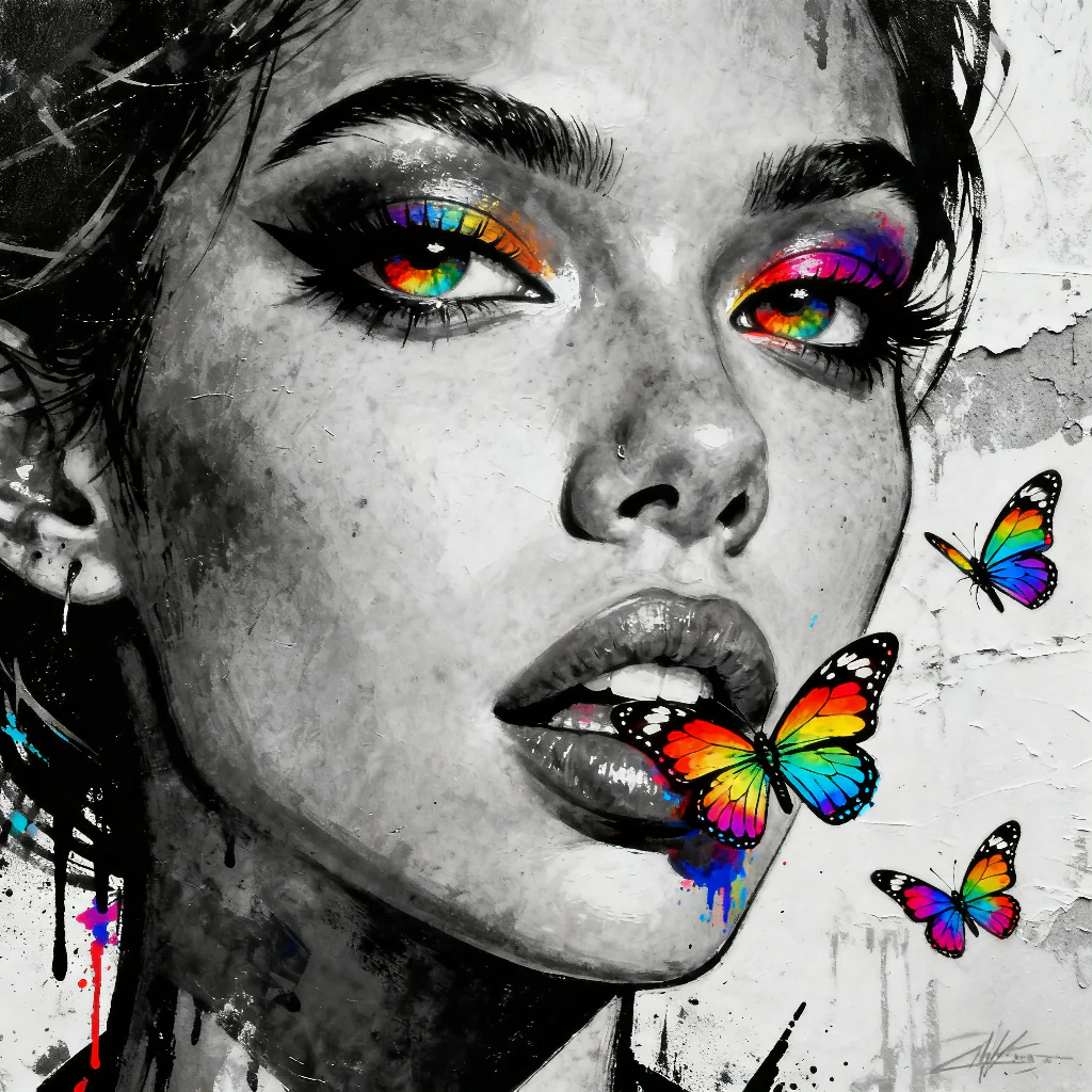 Neon Butterfly Graffiti Portrait – Black and White Street Art Printable Wall Decor