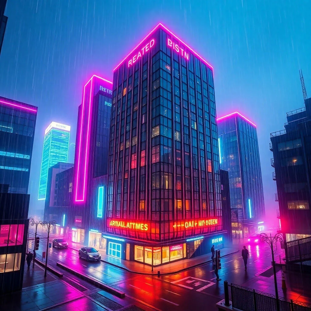 Neon-Lit City Street on Rainy Night