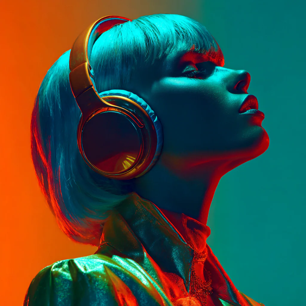 Neon Pulse: Girl in Blue with Headphones