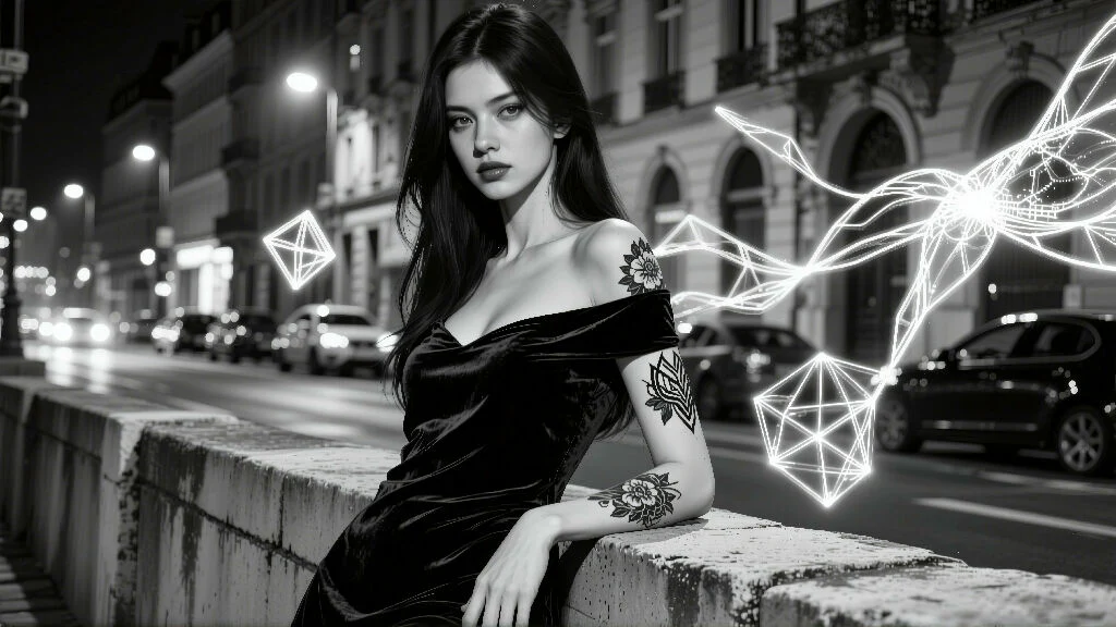 Nighttime Urban Portrait with Neon Geometric Elements